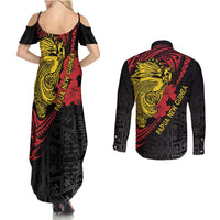 Papua New Guinea 49th Independence Day Couples Matching Summer Maxi Dress and Long Sleeve Button Shirt Motuan Revareva Bird-of-Paradise LT7 - Polynesian Pride