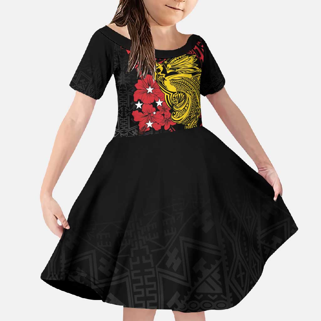 Papua New Guinea 49th Independence Day Family Matching Long Sleeve Bodycon Dress and Hawaiian Shirt Motuan Revareva Bird-of-Paradise LT7 Daughter's Dress Black - Polynesian Pride