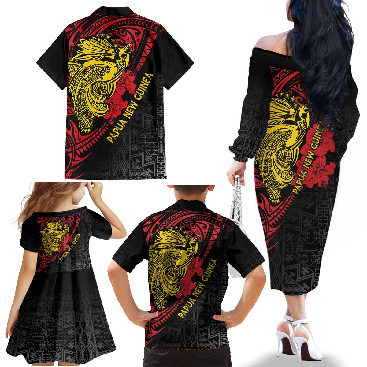 Papua New Guinea 49th Independence Day Family Matching Off The Shoulder Long Sleeve Dress and Hawaiian Shirt Motuan Revareva Bird-of-Paradise LT7 - Polynesian Pride