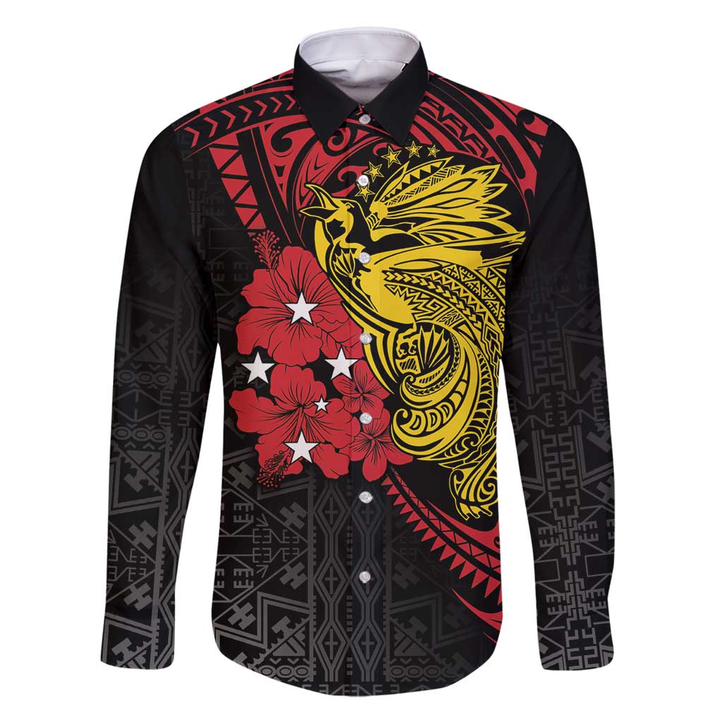 Papua New Guinea 49th Independence Day Family Matching Off Shoulder Maxi Dress and Hawaiian Shirt Motuan Revareva Bird-of-Paradise LT7 Dad's Shirt - Long Sleeve Black - Polynesian Pride
