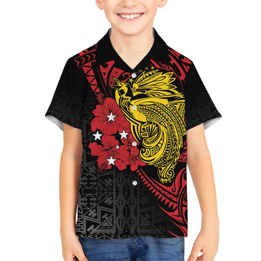 Papua New Guinea 49th Independence Day Family Matching Off Shoulder Maxi Dress and Hawaiian Shirt Motuan Revareva Bird-of-Paradise LT7 Son's Shirt Black - Polynesian Pride