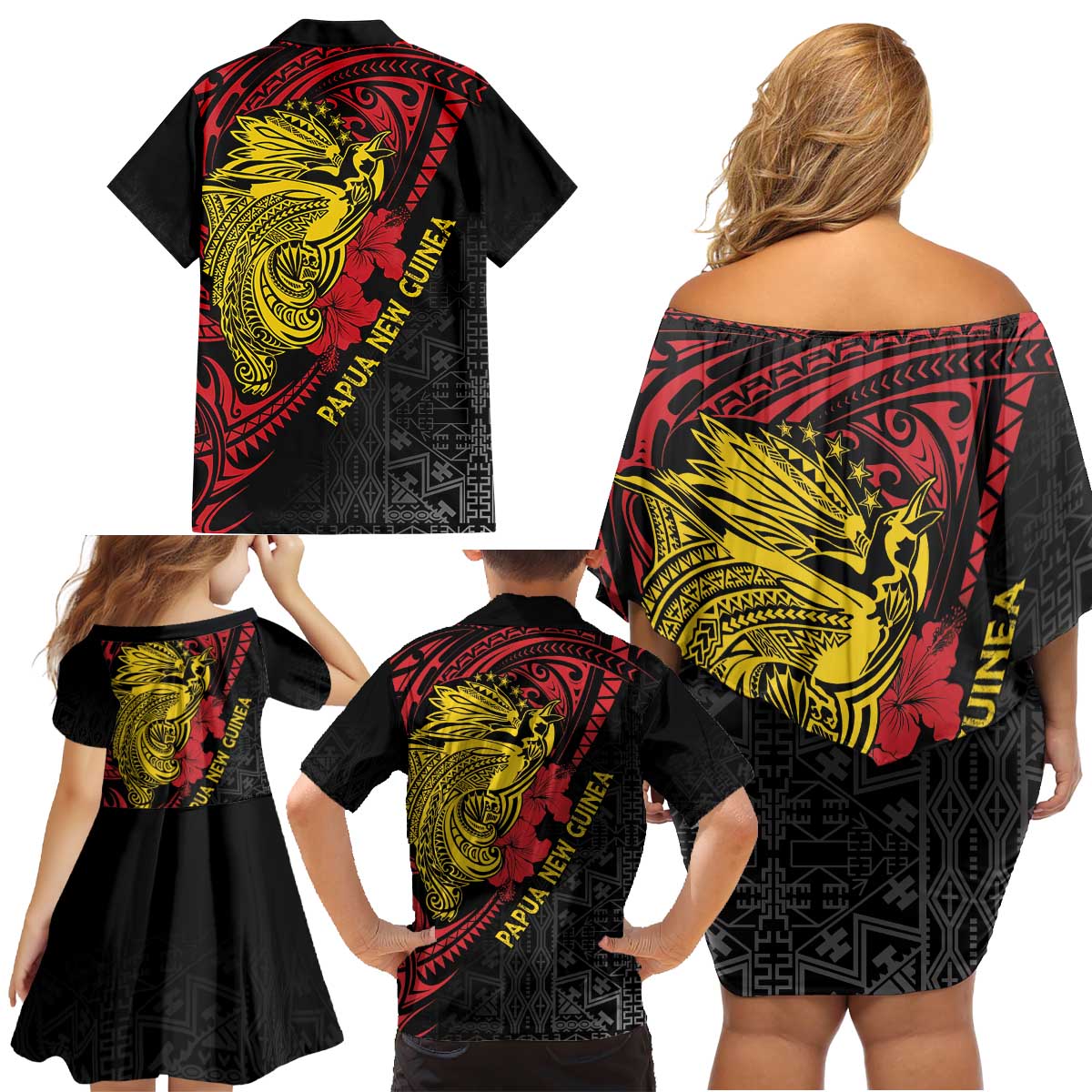 Papua New Guinea 49th Independence Day Family Matching Off Shoulder Short Dress and Hawaiian Shirt Motuan Revareva Bird-of-Paradise LT7 - Polynesian Pride