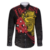 Papua New Guinea 49th Independence Day Family Matching Off Shoulder Short Dress and Hawaiian Shirt Motuan Revareva Bird-of-Paradise LT7 Dad's Shirt - Long Sleeve Black - Polynesian Pride