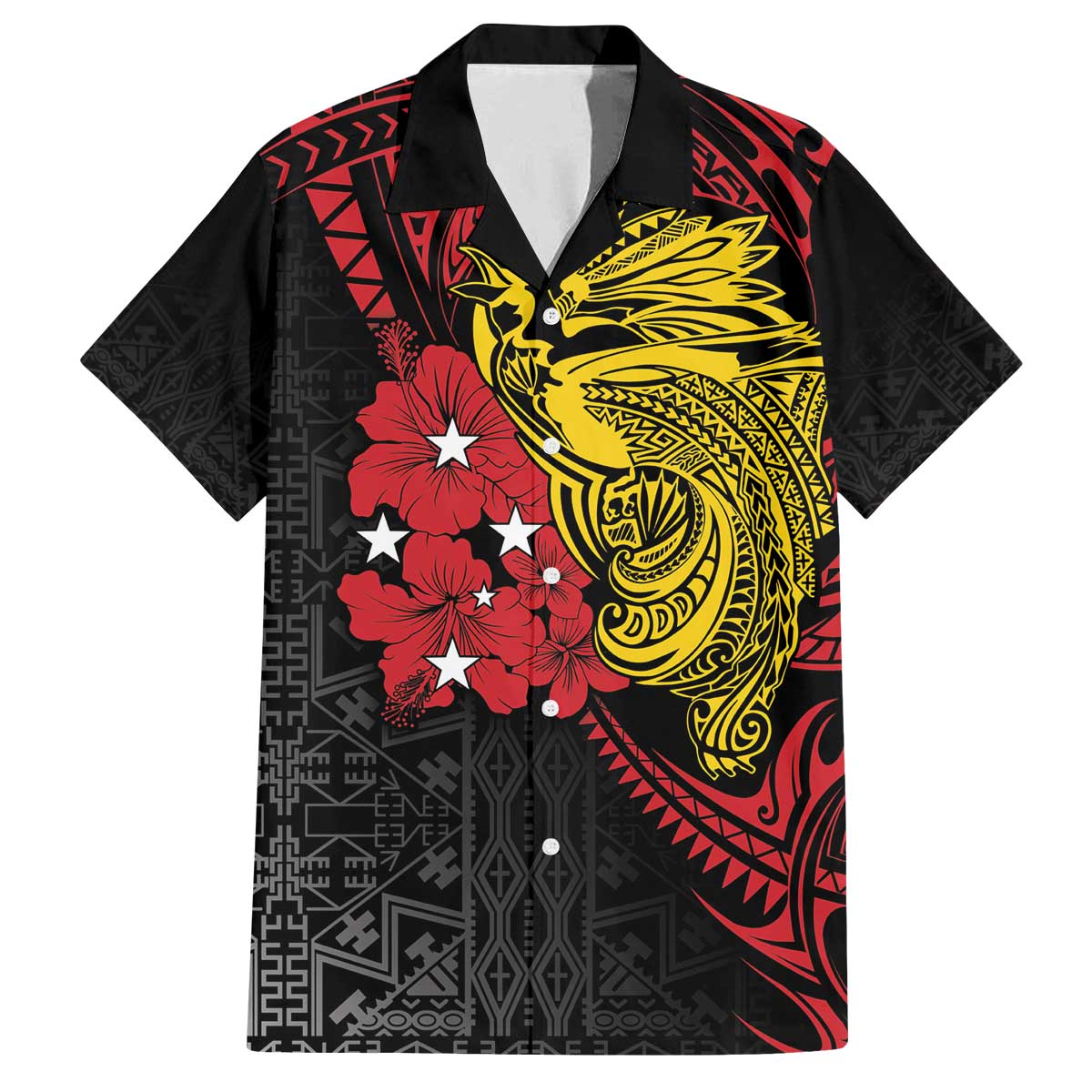Papua New Guinea 49th Independence Day Family Matching Puletasi and Hawaiian Shirt Motuan Revareva Bird-of-Paradise LT7 Dad's Shirt - Short Sleeve Black - Polynesian Pride