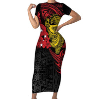 Papua New Guinea 49th Independence Day Family Matching Short Sleeve Bodycon Dress and Hawaiian Shirt Motuan Revareva Bird-of-Paradise LT7 Mom's Dress Black - Polynesian Pride