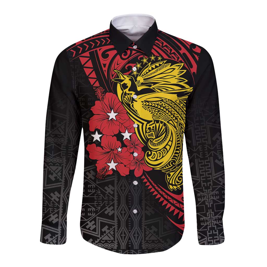 Papua New Guinea 49th Independence Day Long Sleeve Button Shirt Motuan Revareva Bird-of-Paradise LT7 Unisex Black - Polynesian Pride
