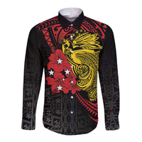 Papua New Guinea 49th Independence Day Long Sleeve Button Shirt Motuan Revareva Bird-of-Paradise LT7 Unisex Black - Polynesian Pride