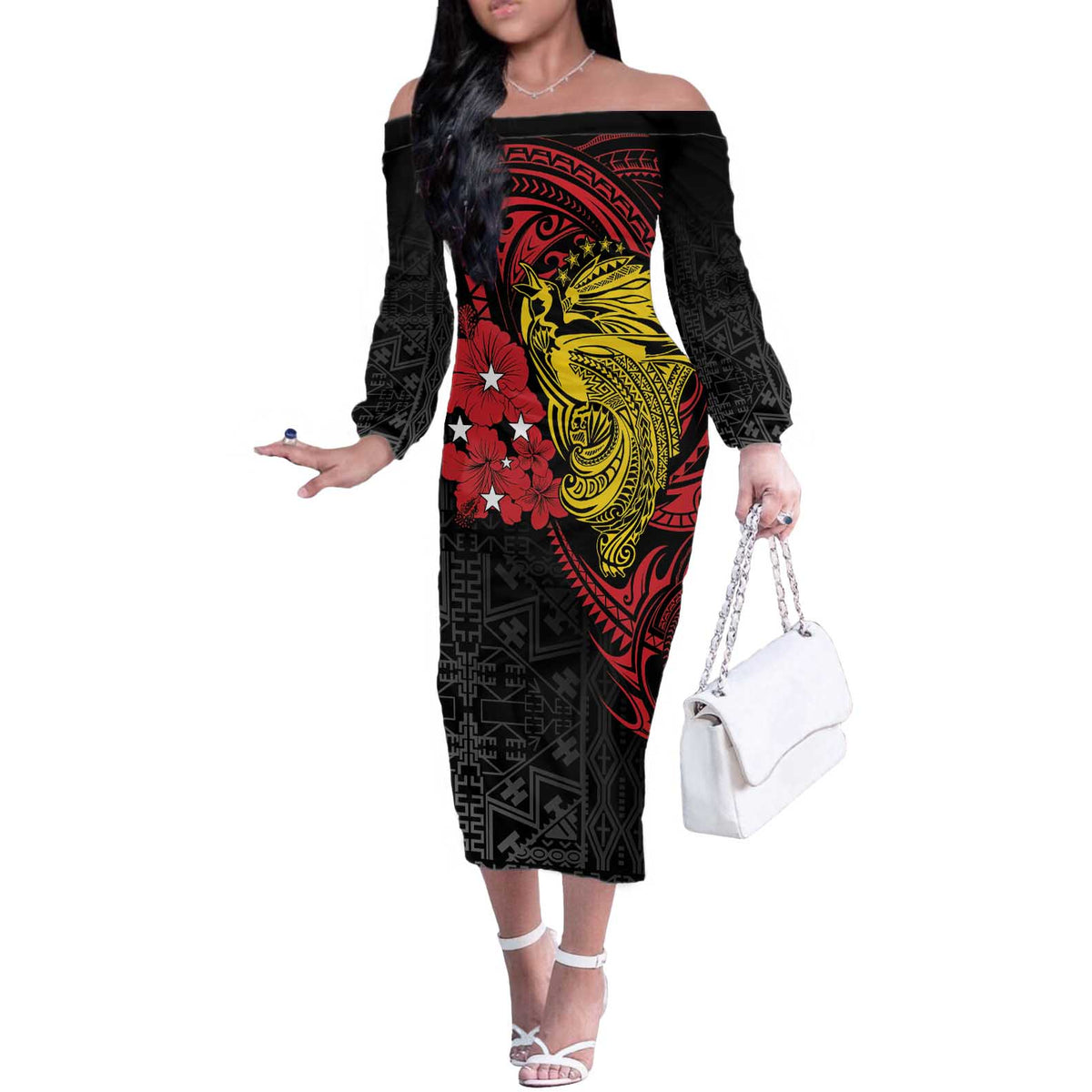 Papua New Guinea 49th Independence Day Off The Shoulder Long Sleeve Dress Motuan Revareva Bird-of-Paradise LT7 Women Black - Polynesian Pride