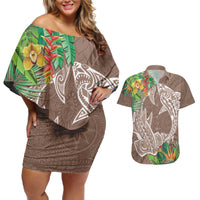 Polynesia Couples Matching Off Shoulder Short Dress and Hawaiian Shirt Sharks Duo Tropical Brown LT7 Brown - Polynesian Pride