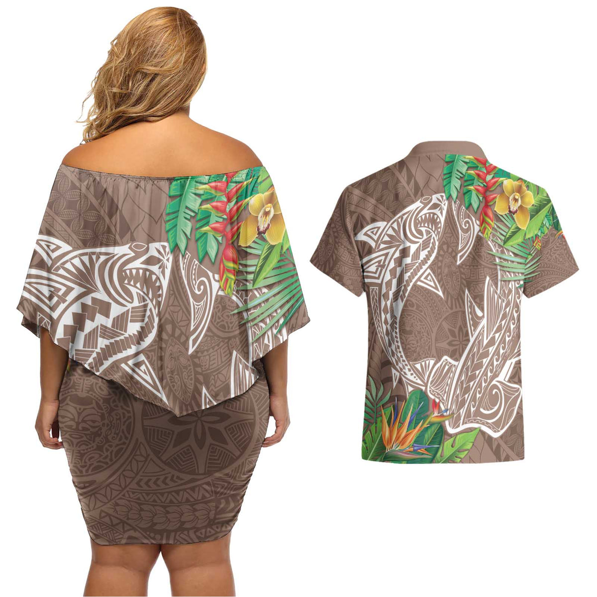 Polynesia Couples Matching Off Shoulder Short Dress and Hawaiian Shirt Sharks Duo Tropical Brown LT7 - Polynesian Pride