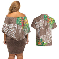 Polynesia Couples Matching Off Shoulder Short Dress and Hawaiian Shirt Sharks Duo Tropical Brown LT7 - Polynesian Pride