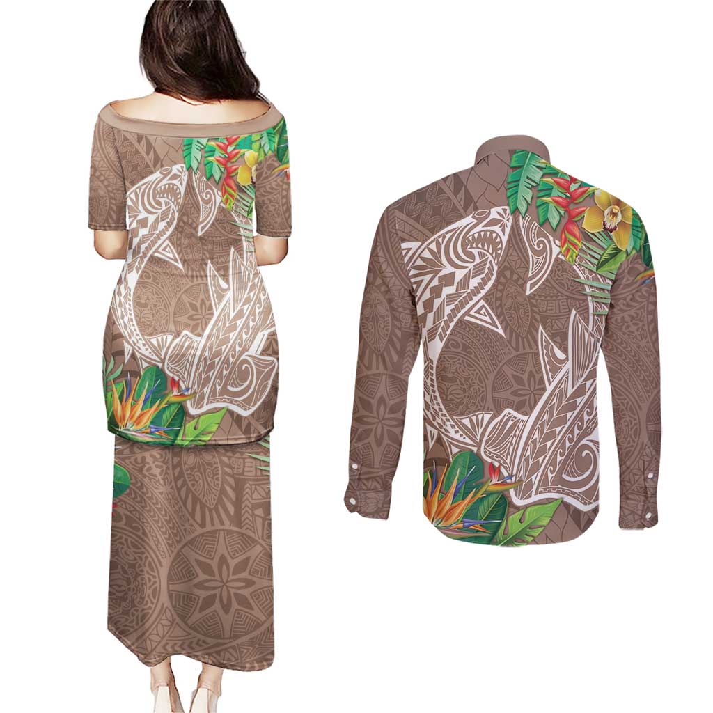Polynesia Couples Matching Puletasi and Long Sleeve Button Shirt Sharks Duo Tropical Brown