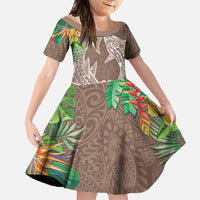 Polynesia Family Matching Long Sleeve Bodycon Dress and Hawaiian Shirt Sharks Duo Tropical Brown LT7 Daughter's Dress Brown - Polynesian Pride