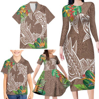 Polynesia Family Matching Long Sleeve Bodycon Dress and Hawaiian Shirt Sharks Duo Tropical Brown LT7 - Polynesian Pride