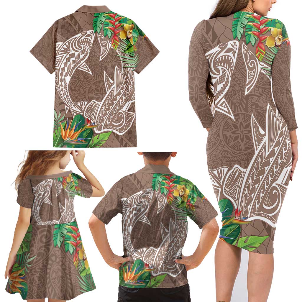 Polynesia Family Matching Long Sleeve Bodycon Dress and Hawaiian Shirt Sharks Duo Tropical Brown LT7 - Polynesian Pride