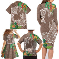 Polynesia Family Matching Long Sleeve Bodycon Dress and Hawaiian Shirt Sharks Duo Tropical Brown LT7 - Polynesian Pride