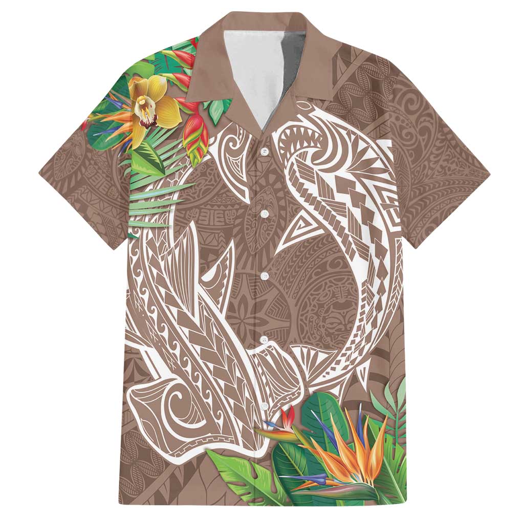 Polynesia Family Matching Long Sleeve Bodycon Dress and Hawaiian Shirt Sharks Duo Tropical Brown LT7 Dad's Shirt - Short Sleeve Brown - Polynesian Pride