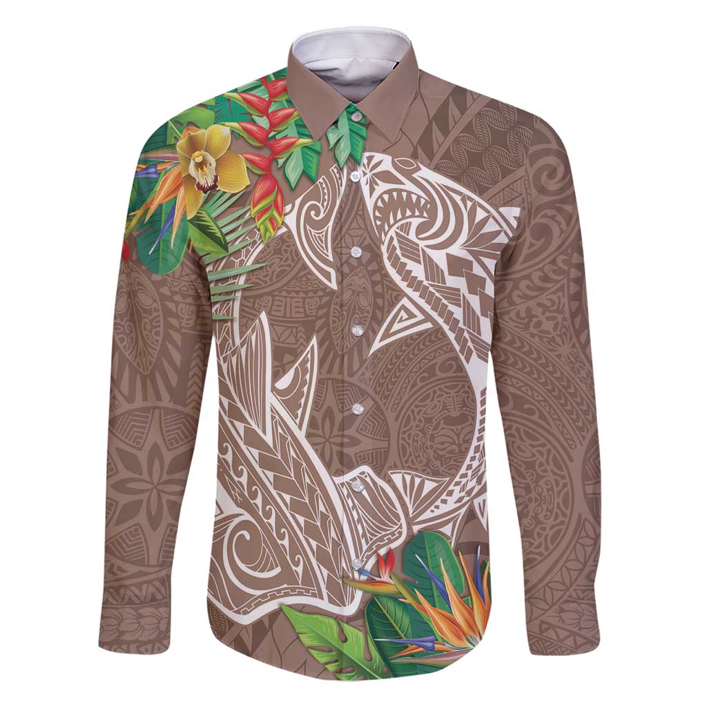 Polynesia Family Matching Long Sleeve Bodycon Dress and Hawaiian Shirt Sharks Duo Tropical Brown LT7 Dad's Shirt - Long Sleeve Brown - Polynesian Pride