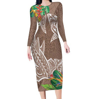 Polynesia Family Matching Long Sleeve Bodycon Dress and Hawaiian Shirt Sharks Duo Tropical Brown LT7 Mom's Dress Brown - Polynesian Pride