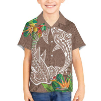 Polynesia Family Matching Long Sleeve Bodycon Dress and Hawaiian Shirt Sharks Duo Tropical Brown LT7 Son's Shirt Brown - Polynesian Pride