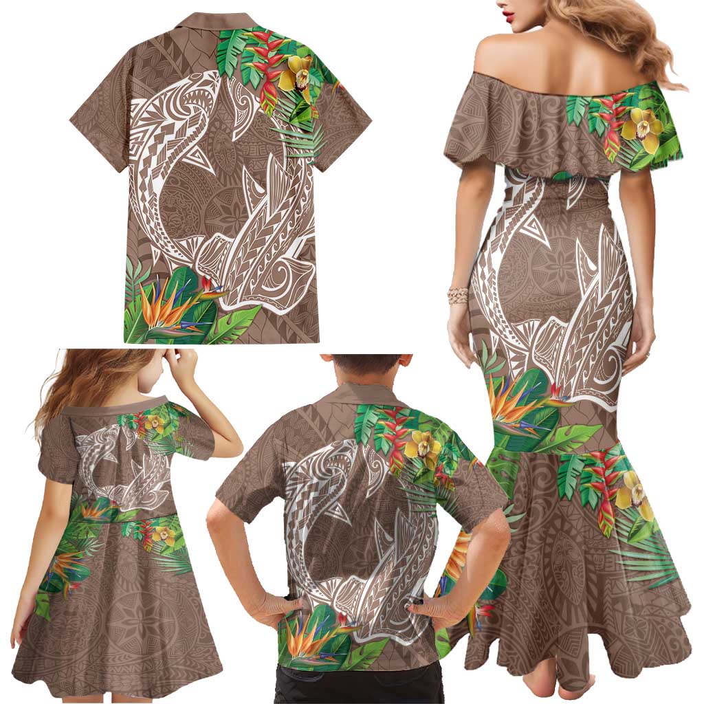 Polynesia Family Matching Mermaid Dress and Hawaiian Shirt Sharks Duo Tropical Brown LT7 - Polynesian Pride