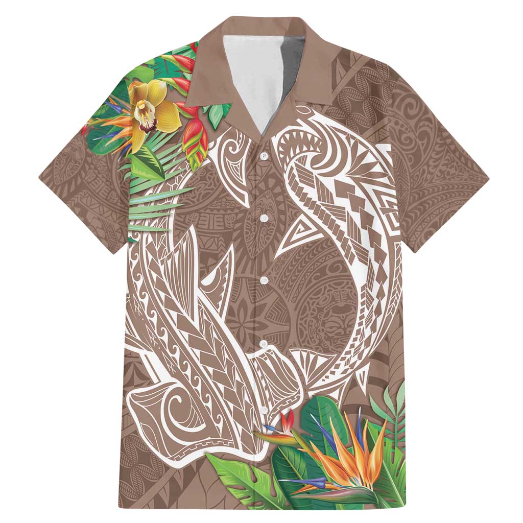 Polynesia Family Matching Mermaid Dress and Hawaiian Shirt Sharks Duo Tropical Brown LT7 Dad's Shirt - Short Sleeve Brown - Polynesian Pride