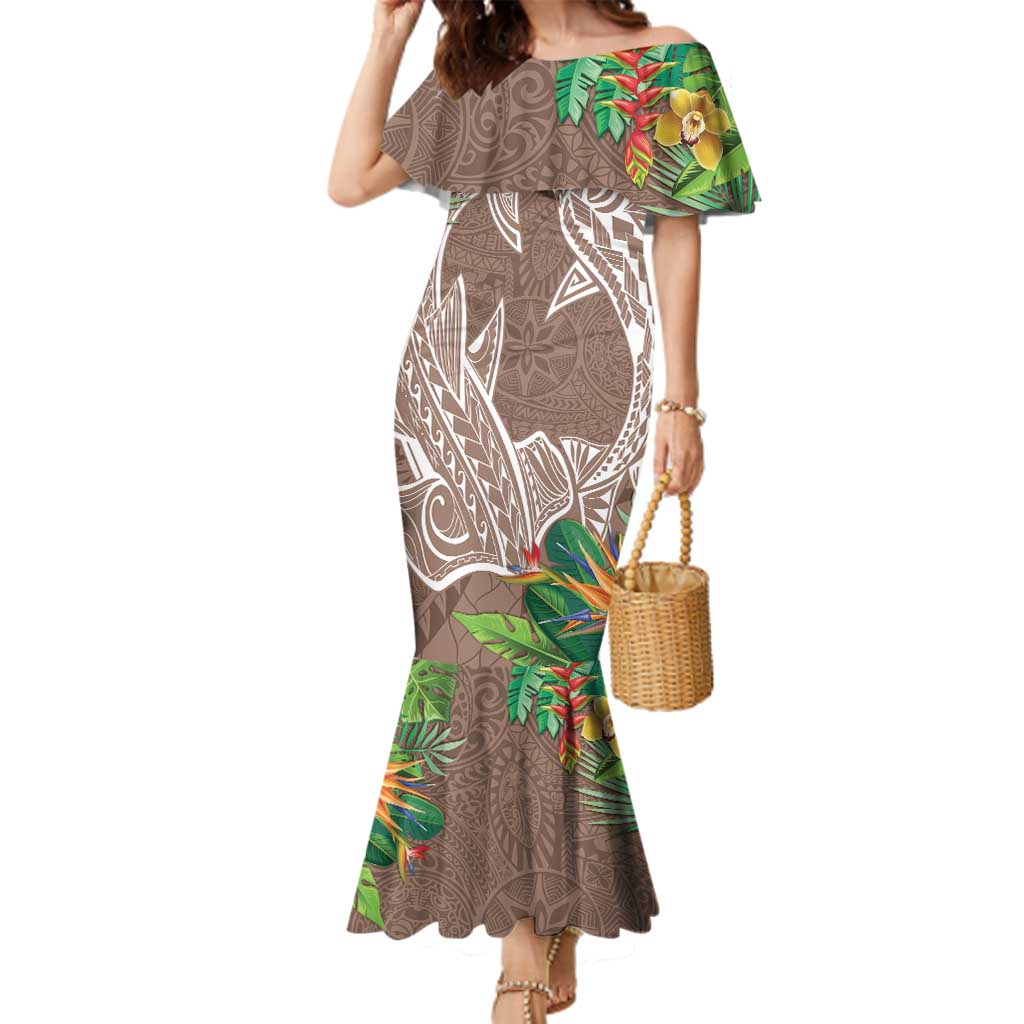 Polynesia Family Matching Mermaid Dress and Hawaiian Shirt Sharks Duo Tropical Brown LT7 Mom's Dress Brown - Polynesian Pride