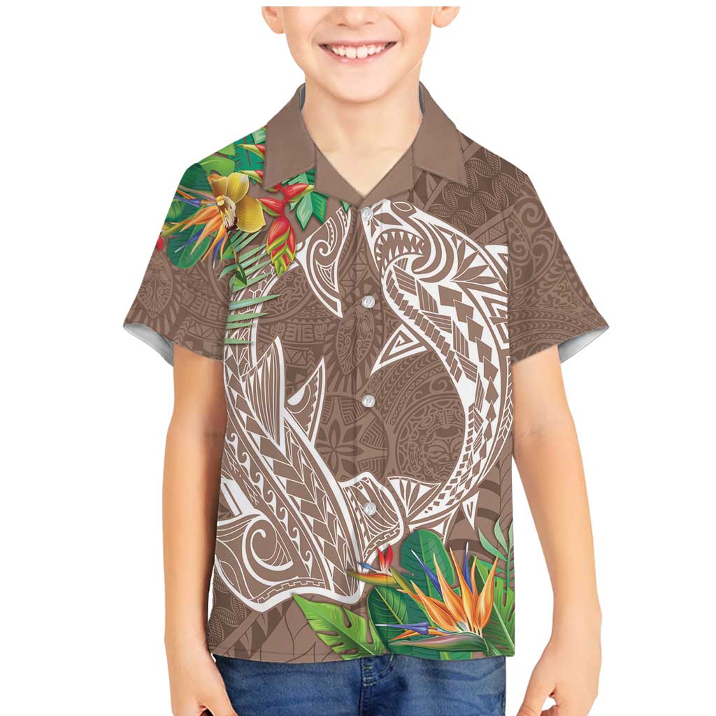 Polynesia Family Matching Mermaid Dress and Hawaiian Shirt Sharks Duo Tropical Brown LT7 Son's Shirt Brown - Polynesian Pride