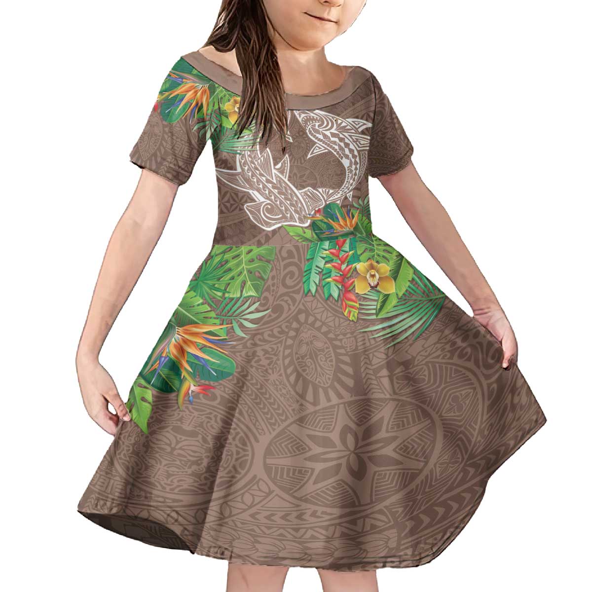 Polynesia Family Matching Off The Shoulder Long Sleeve Dress and Hawaiian Shirt Sharks Duo Tropical Brown LT7 Daughter's Dress Brown - Polynesian Pride