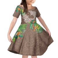 Polynesia Family Matching Off The Shoulder Long Sleeve Dress and Hawaiian Shirt Sharks Duo Tropical Brown LT7 Daughter's Dress Brown - Polynesian Pride
