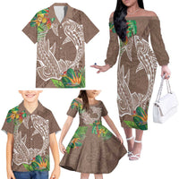Polynesia Family Matching Off The Shoulder Long Sleeve Dress and Hawaiian Shirt Sharks Duo Tropical Brown LT7 - Polynesian Pride