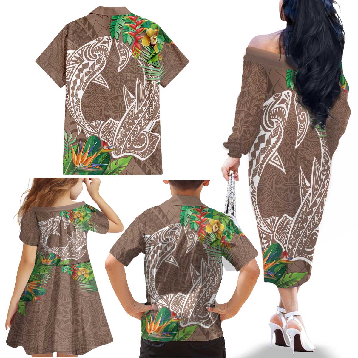 Polynesia Family Matching Off The Shoulder Long Sleeve Dress and Hawaiian Shirt Sharks Duo Tropical Brown LT7 - Polynesian Pride