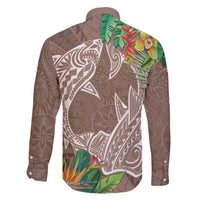 Polynesia Family Matching Off The Shoulder Long Sleeve Dress and Hawaiian Shirt Sharks Duo Tropical Brown LT7 - Polynesian Pride