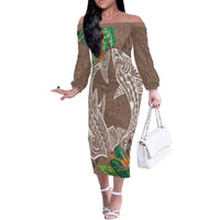 Polynesia Family Matching Off The Shoulder Long Sleeve Dress and Hawaiian Shirt Sharks Duo Tropical Brown LT7 Mom's Dress Brown - Polynesian Pride