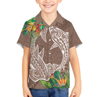 Polynesia Family Matching Off The Shoulder Long Sleeve Dress and Hawaiian Shirt Sharks Duo Tropical Brown LT7 Son's Shirt Brown - Polynesian Pride