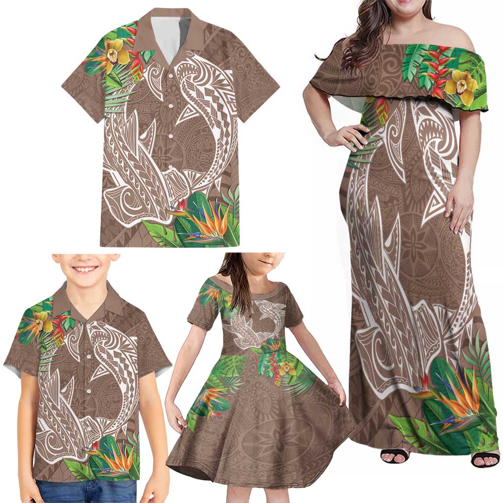 Polynesia Family Matching Off Shoulder Maxi Dress and Hawaiian Shirt Sharks Duo Tropical Brown LT7 - Polynesian Pride