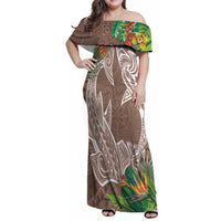 Polynesia Family Matching Off Shoulder Maxi Dress and Hawaiian Shirt Sharks Duo Tropical Brown LT7 Mom's Dress Brown - Polynesian Pride