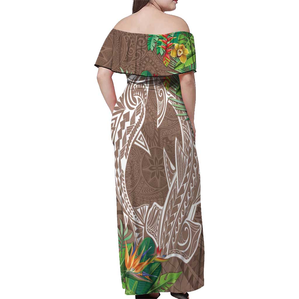 Polynesia Family Matching Off Shoulder Maxi Dress and Hawaiian Shirt Sharks Duo Tropical Brown LT7 - Polynesian Pride