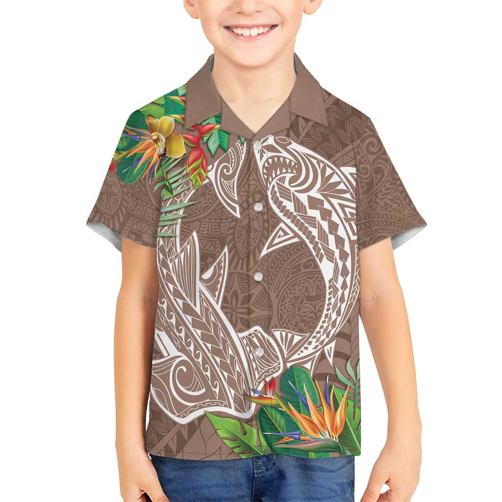 Polynesia Family Matching Off Shoulder Maxi Dress and Hawaiian Shirt Sharks Duo Tropical Brown LT7 Son's Shirt Brown - Polynesian Pride