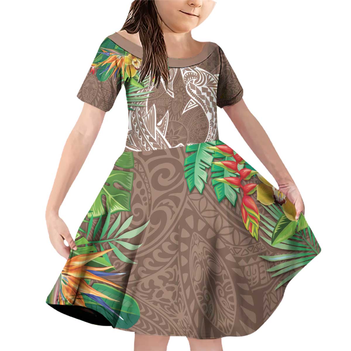 Polynesia Family Matching Off Shoulder Short Dress and Hawaiian Shirt Sharks Duo Tropical Brown LT7 Daughter's Dress Brown - Polynesian Pride