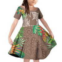 Polynesia Family Matching Off Shoulder Short Dress and Hawaiian Shirt Sharks Duo Tropical Brown LT7 Daughter's Dress Brown - Polynesian Pride