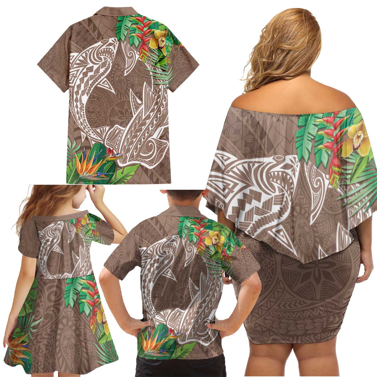 Polynesia Family Matching Off Shoulder Short Dress and Hawaiian Shirt Sharks Duo Tropical Brown LT7 - Polynesian Pride