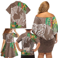 Polynesia Family Matching Off Shoulder Short Dress and Hawaiian Shirt Sharks Duo Tropical Brown LT7 - Polynesian Pride