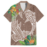 Polynesia Family Matching Off Shoulder Short Dress and Hawaiian Shirt Sharks Duo Tropical Brown LT7 Dad's Shirt - Short Sleeve Brown - Polynesian Pride