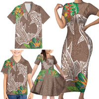 Polynesia Family Matching Short Sleeve Bodycon Dress and Hawaiian Shirt Sharks Duo Tropical Brown LT7 - Polynesian Pride