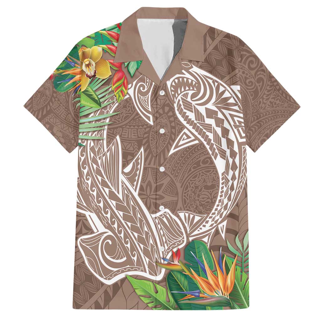 Polynesia Family Matching Short Sleeve Bodycon Dress and Hawaiian Shirt Sharks Duo Tropical Brown LT7 Dad's Shirt - Short Sleeve Brown - Polynesian Pride