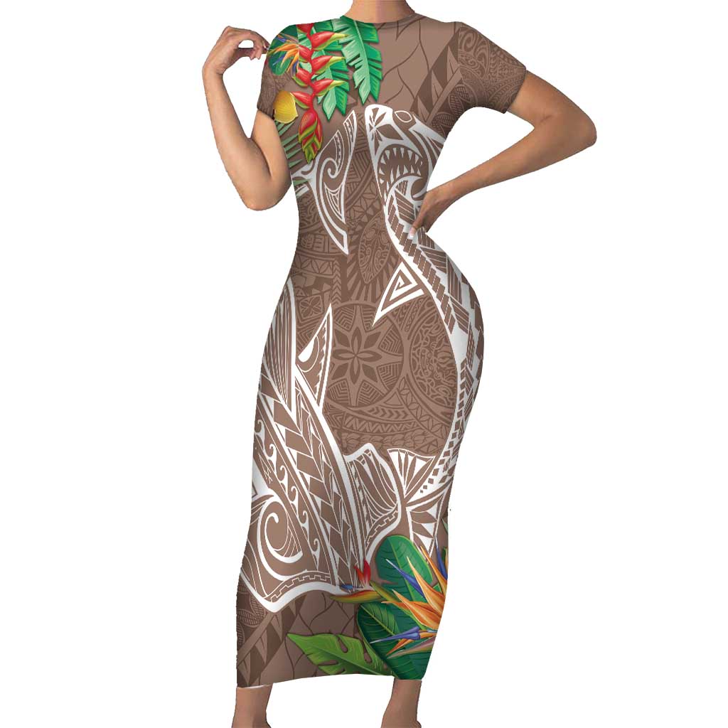 Polynesia Family Matching Short Sleeve Bodycon Dress and Hawaiian Shirt Sharks Duo Tropical Brown LT7 Mom's Dress Brown - Polynesian Pride