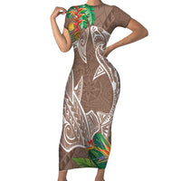 Polynesia Family Matching Short Sleeve Bodycon Dress and Hawaiian Shirt Sharks Duo Tropical Brown LT7 Mom's Dress Brown - Polynesian Pride