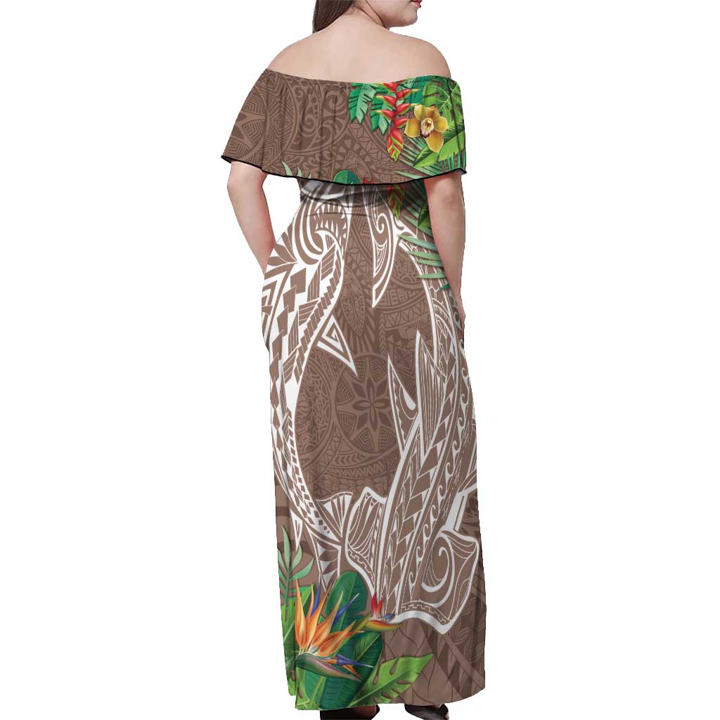 Polynesia Off Shoulder Maxi Dress Sharks Duo Tropical Brown