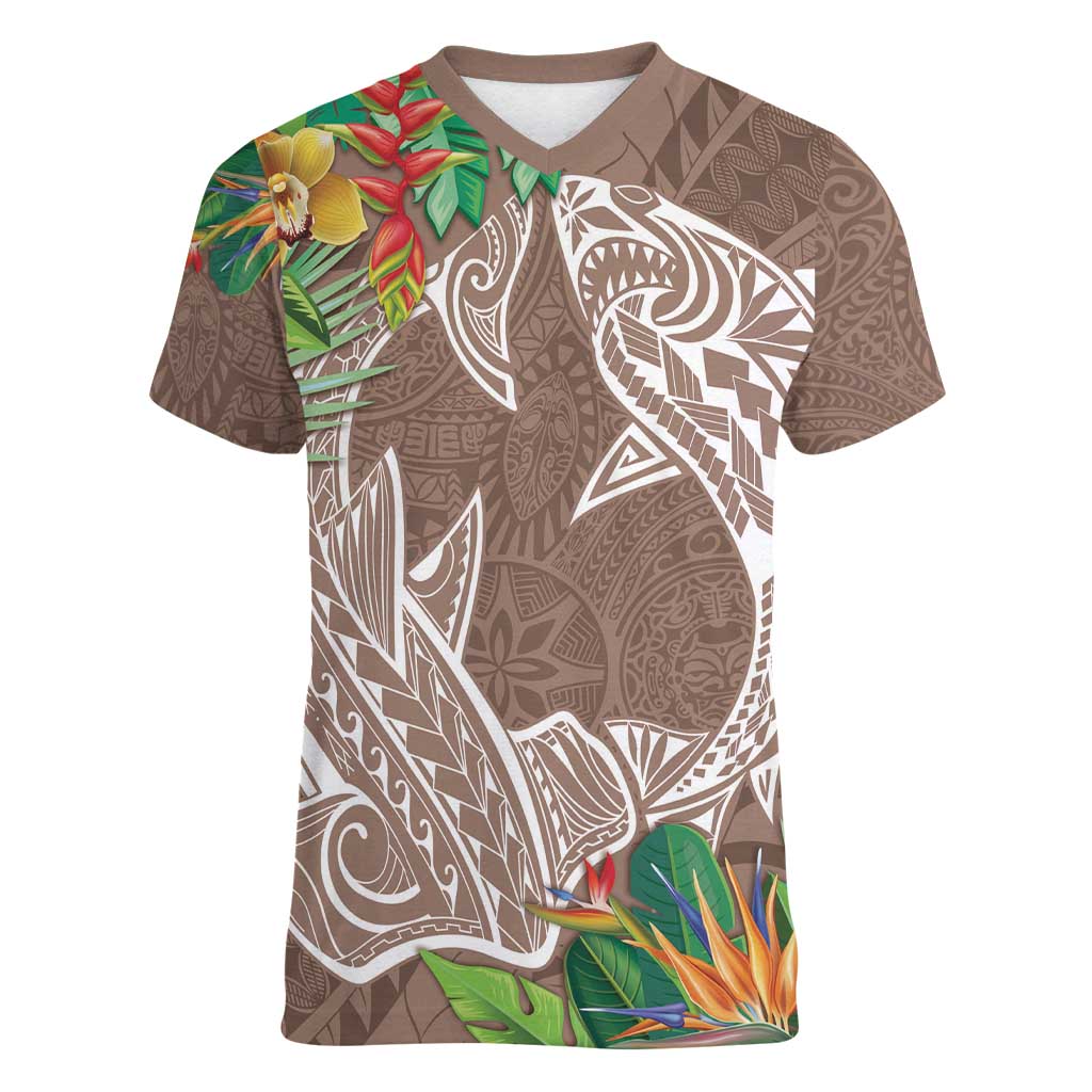 Polynesia Women V-Neck T-Shirt Sharks Duo Tropical Brown LT7 Female Brown - Polynesian Pride